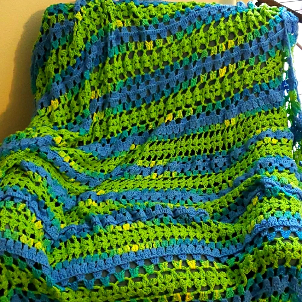 Mile a minute afghan in lime green, bright blue
